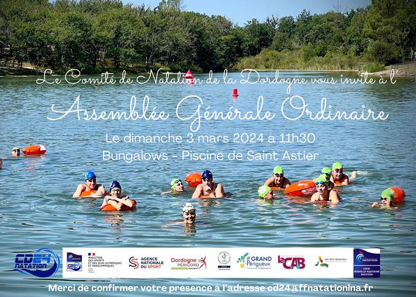 Tous les adhérents sont invités à participer à l’AG du comité 24 de natation qui se tiendra le dimanche 3 mars à partir de 11h30 à la piscine de Saint-Astier